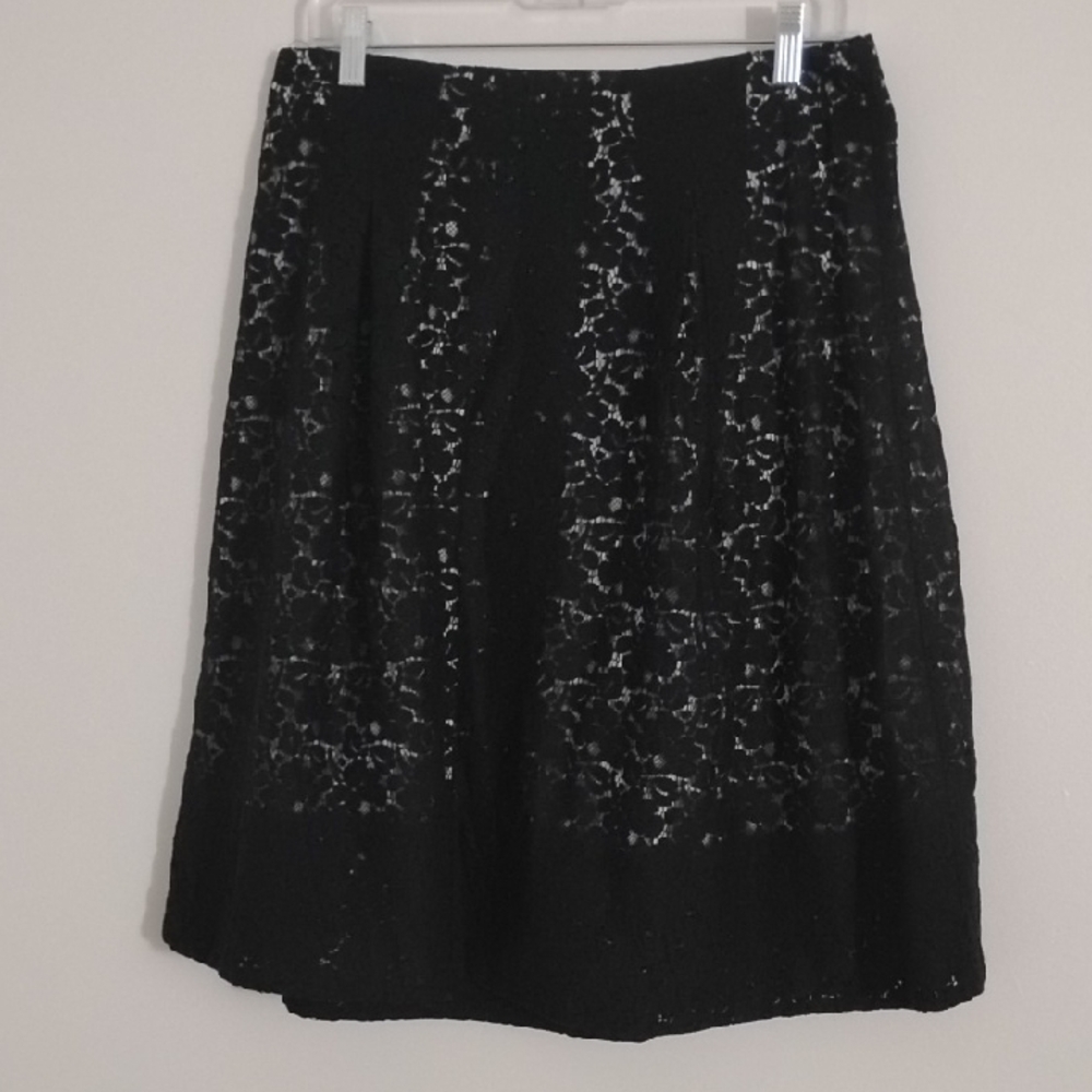 Talbots Black Midi Skirt Floral Lace Overlay Nude Illusion Feminine A Line Pleat